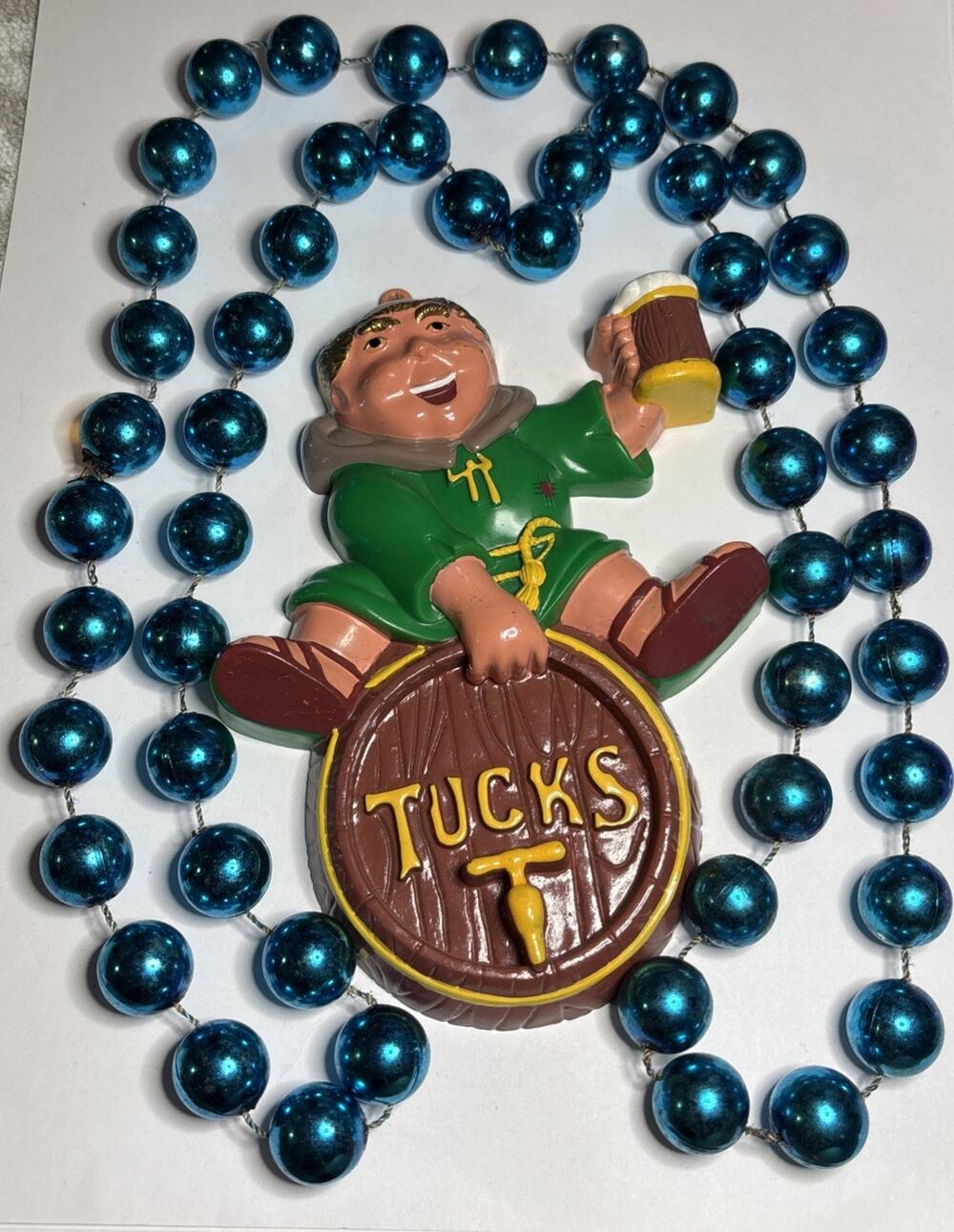 Rare Vintage Krewe of Tucks Mardi Gras 6” Friar Tuck Medallion Throw Blue Beads